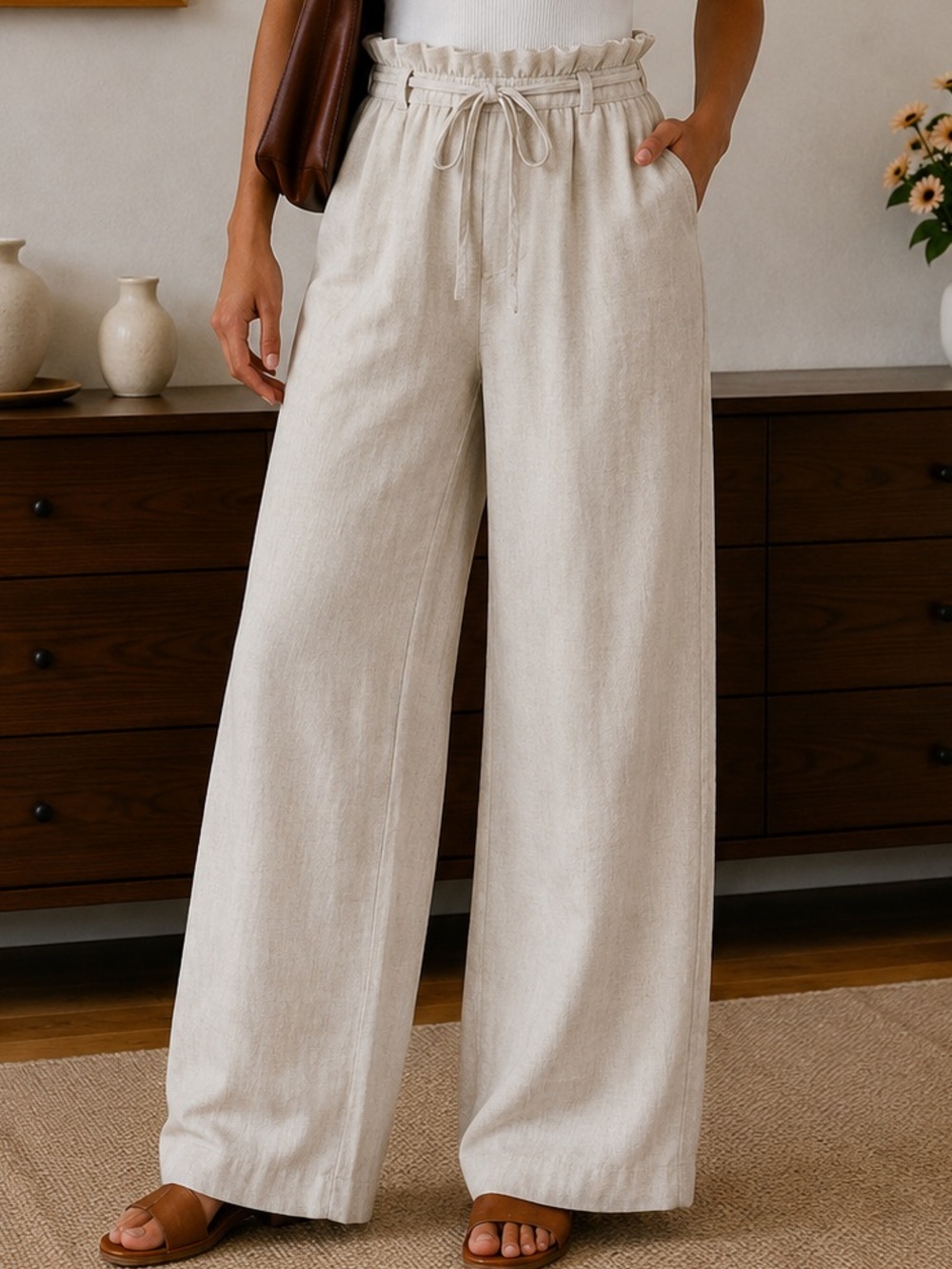 Lulu's Cream High-Rise Paperbag Wide-Leg Pants